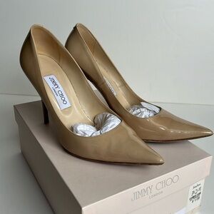 Jimmy Choo Abel in Nude Patent Leather Stilettos Size 8.5 38.5